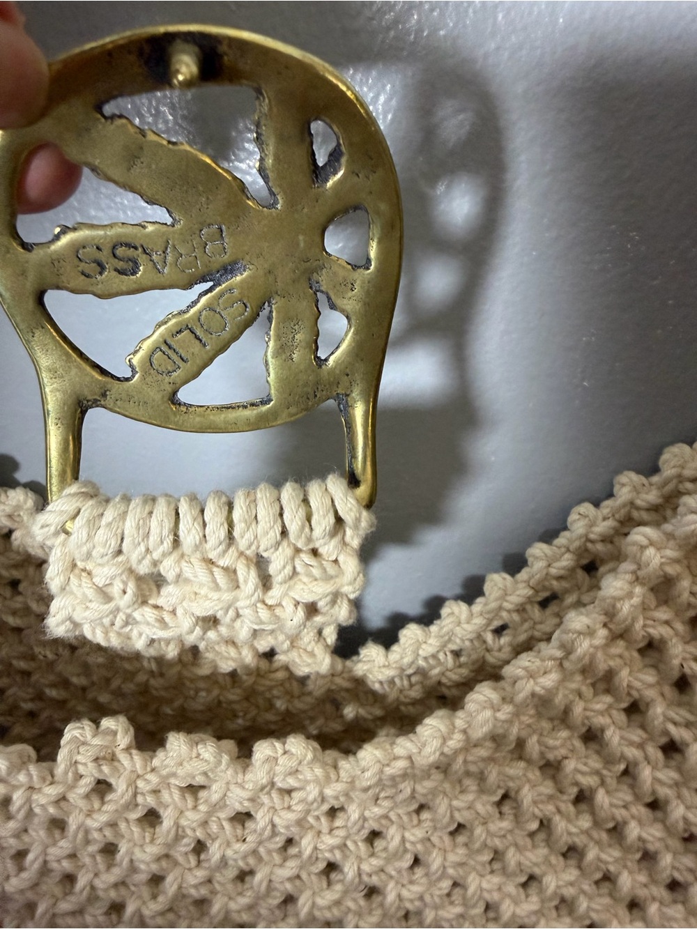 Macrame Boho Crochet Fringe Shoulder Bag in Natural Solid Brass - Picture 5 of 9
